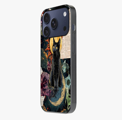 Celestial Black Cat Glass Case photographed in natural light showing reflective finish and design depth.