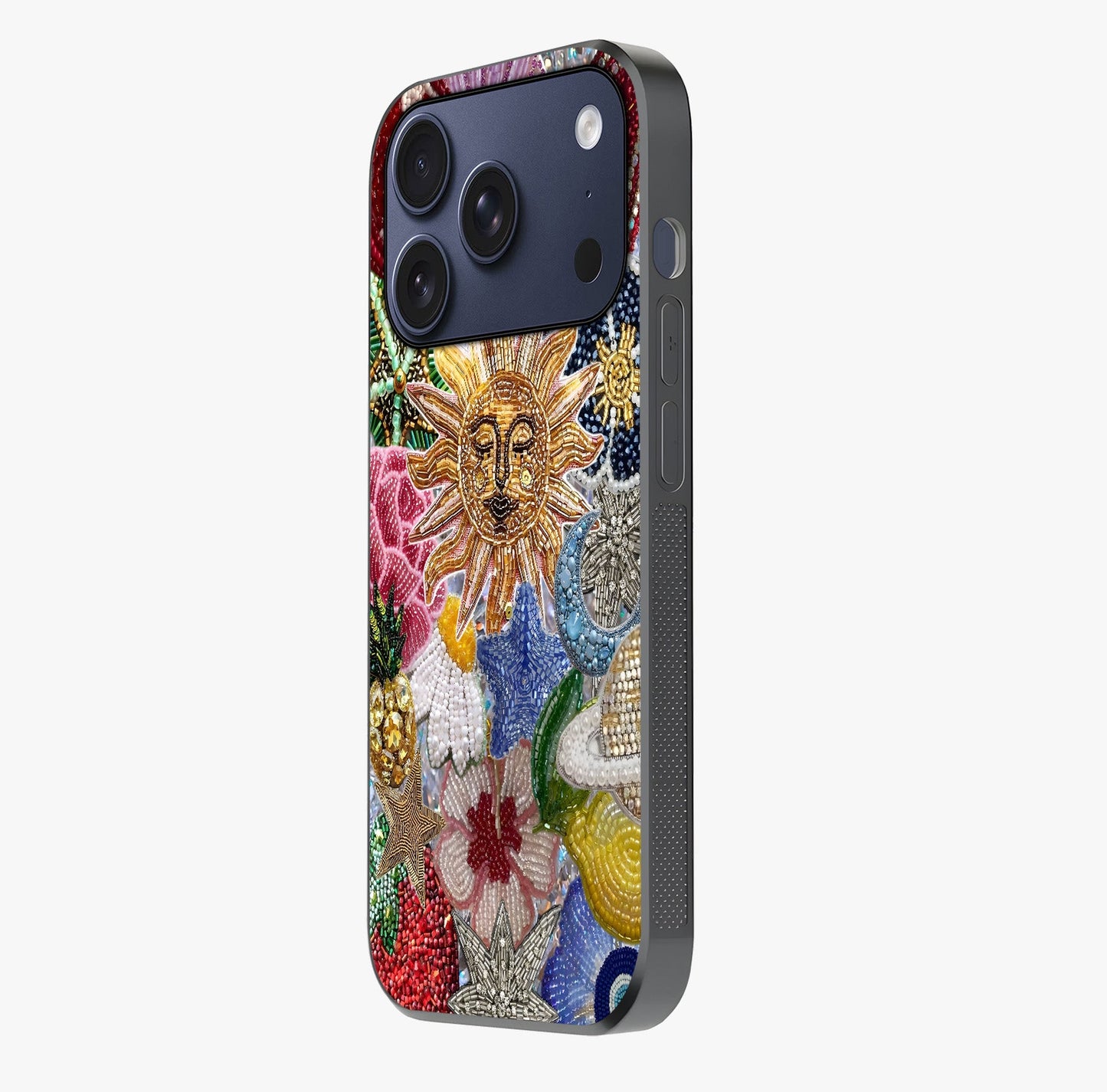 Celestial Floral And Playful Glass Case photographed in natural light showing reflective finish and design depth.
