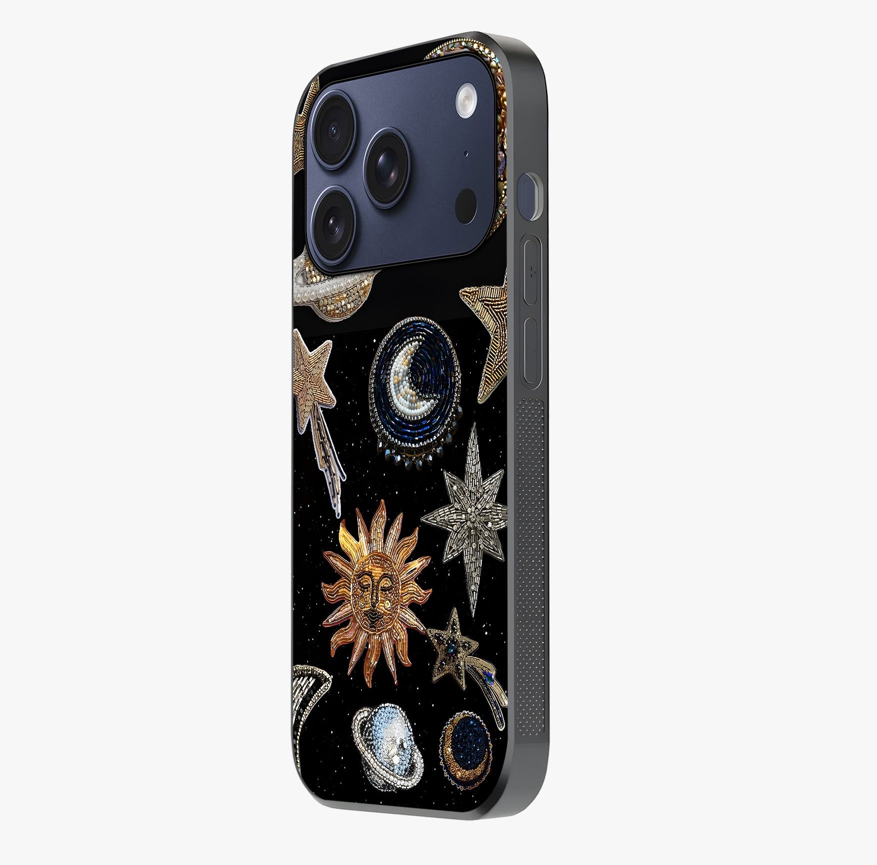Celestial Gem Constellations Glass Case photographed in natural light showing reflective finish and design depth.