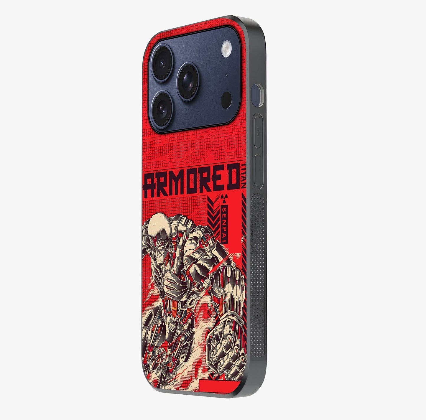 Crimson Mecha Titan Glass Case photographed in natural light showing reflective finish and design depth.
