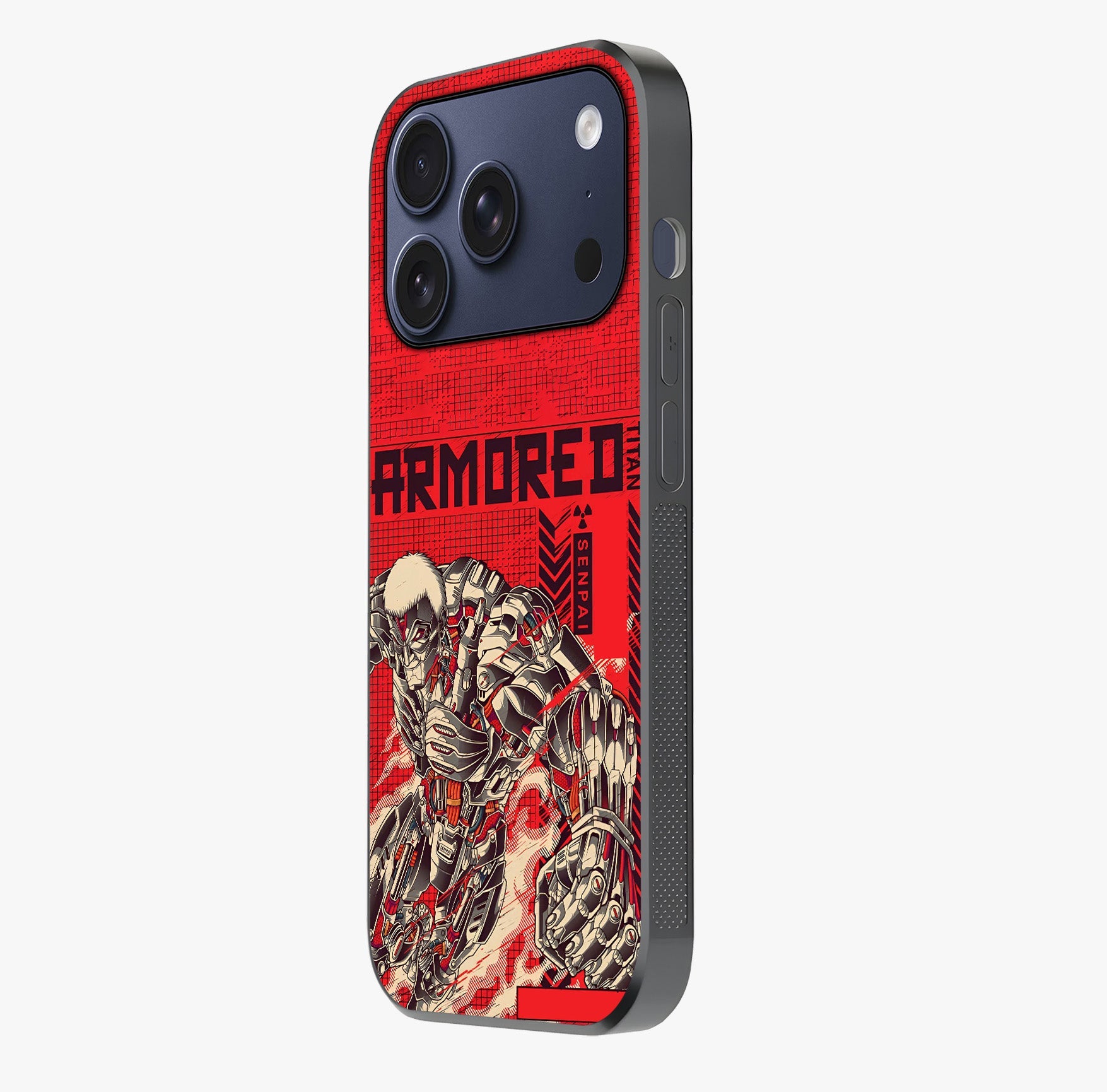 Crimson Mecha Titan Glass Case photographed in natural light showing reflective finish and design depth.