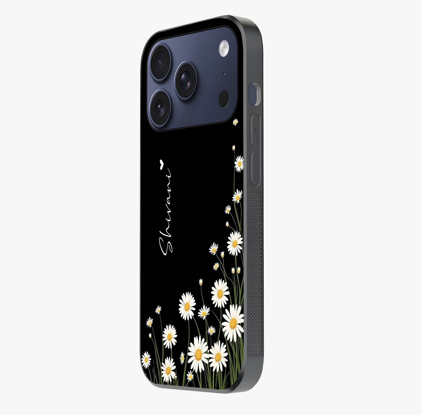 Daisy Cascade Custom Name Glass Case photographed in natural light showing reflective finish and design depth.