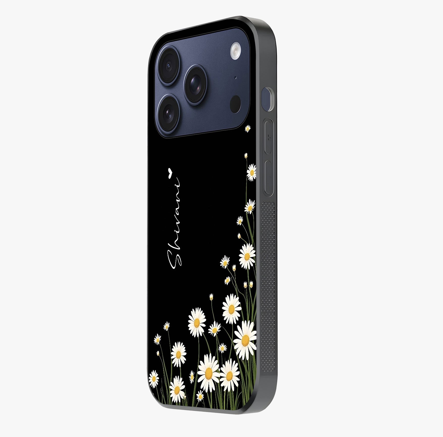 Daisy Cascade Custom Name Glass Case photographed in natural light showing reflective finish and design depth.