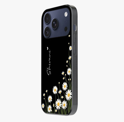Daisy Cascade Custom Name Glass Case photographed in natural light showing reflective finish and design depth.