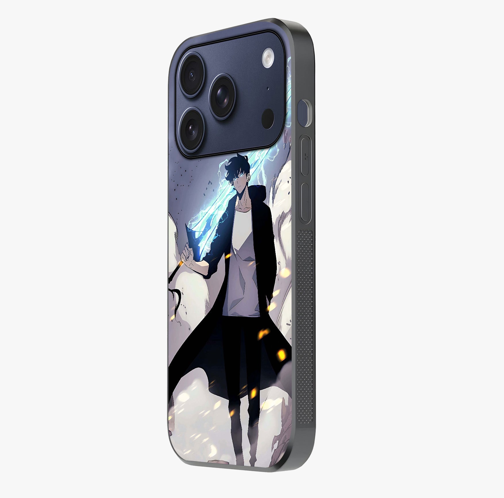 Dark Lightning Anime Warrior Glass Case photographed in natural light showing reflective finish and design depth.