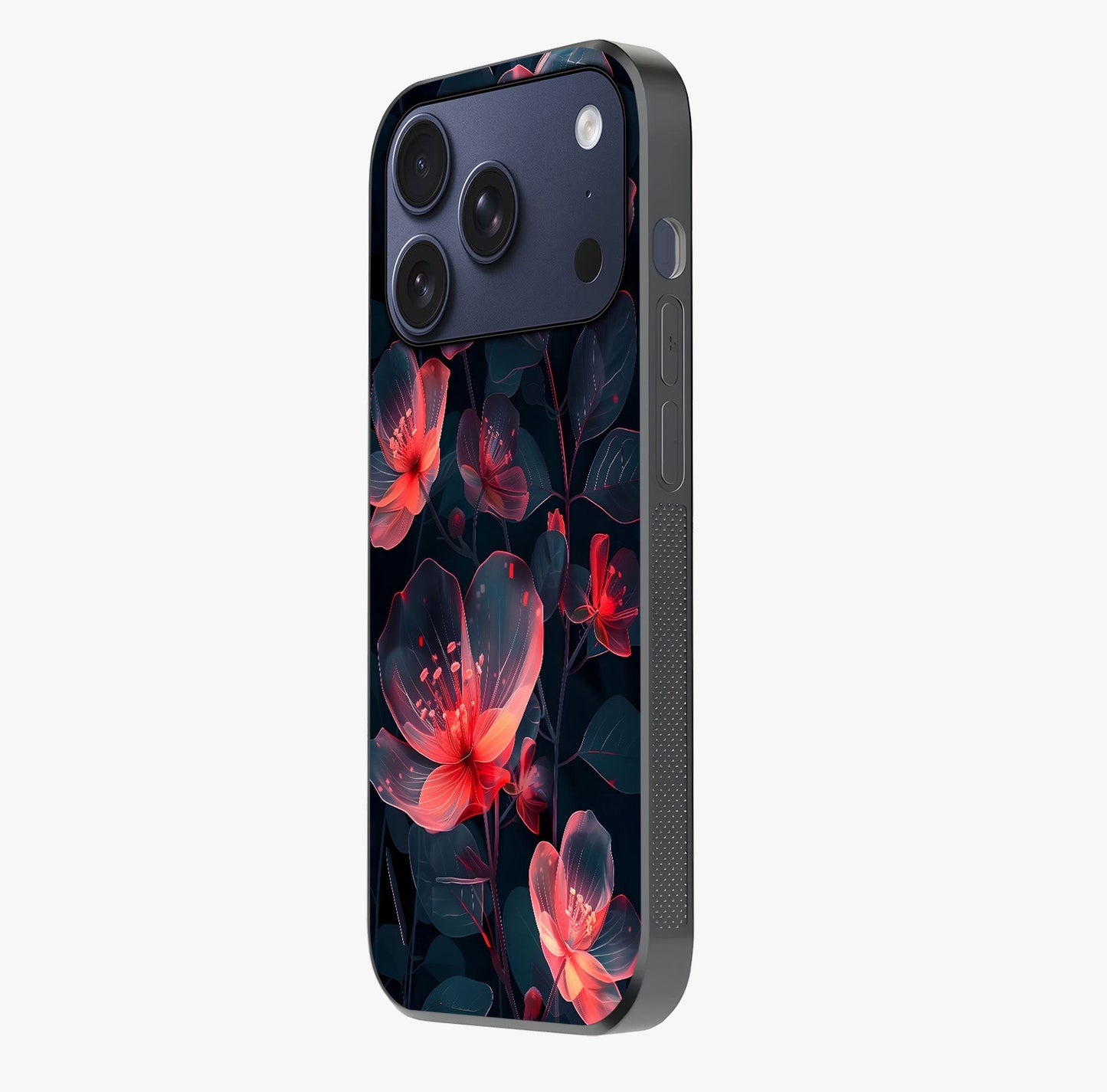 Dark Shade Of Flower Glass Case photographed in natural light showing reflective finish and design depth.
