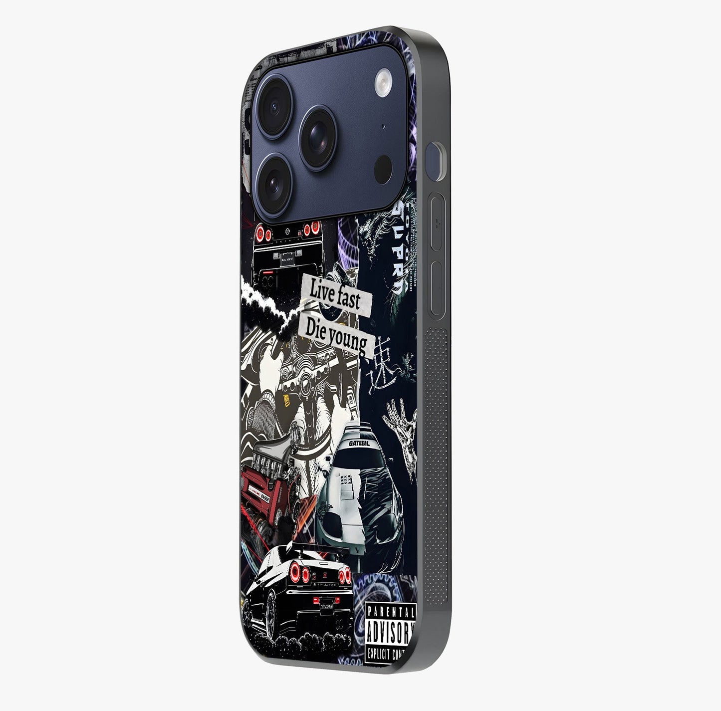 Die Young Glass Case photographed in natural light showing reflective finish and design depth.