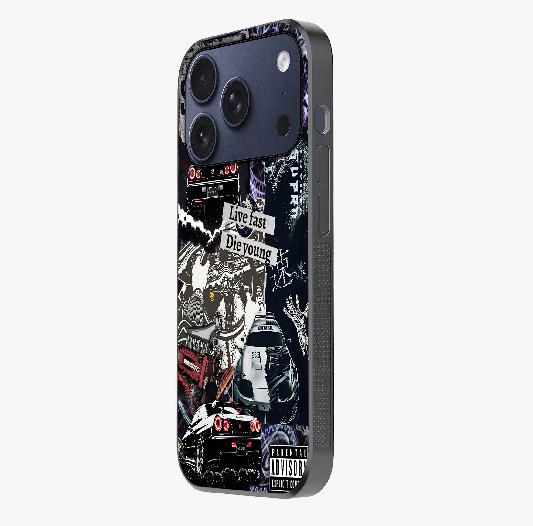 Die Young Glass Case photographed in natural light showing reflective finish and design depth.