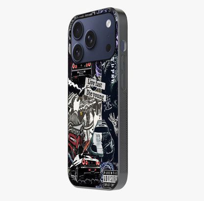 Die Young Glass Case photographed in natural light showing reflective finish and design depth.