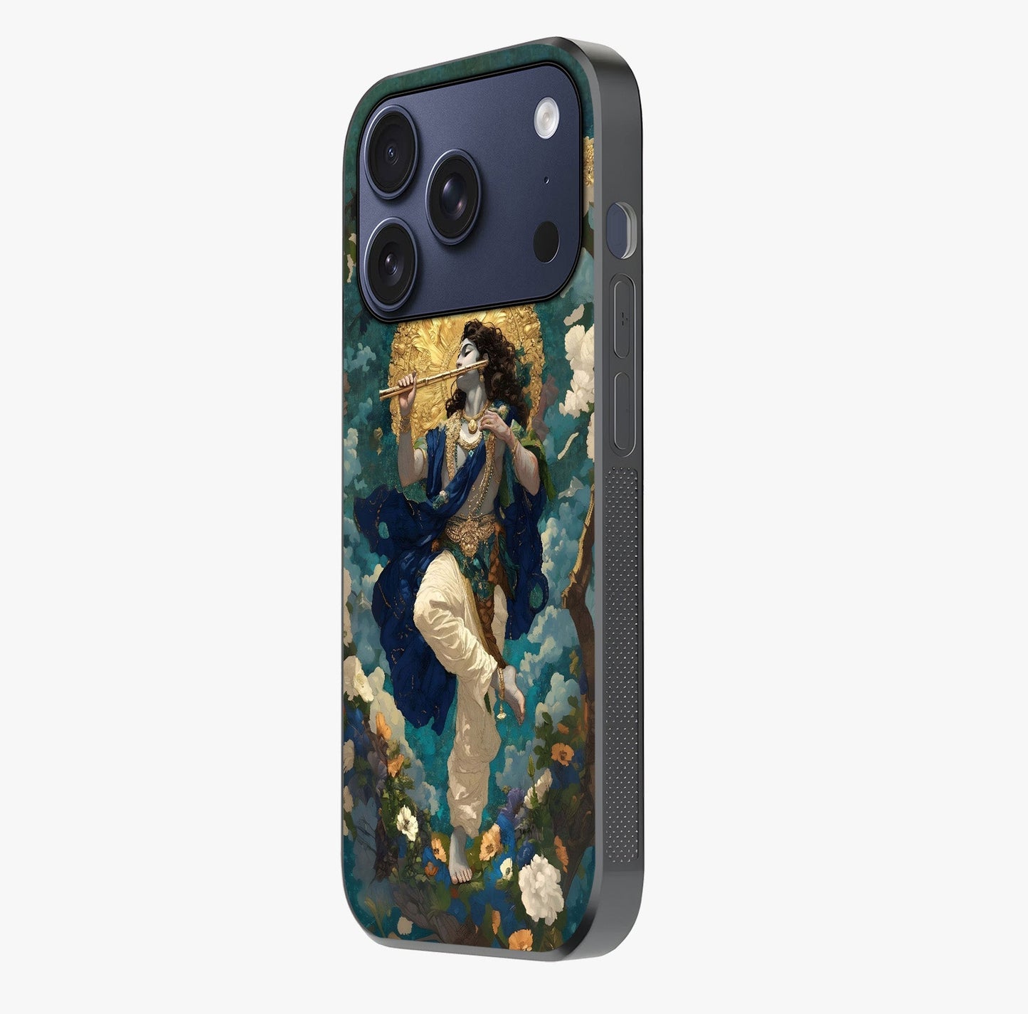 Divine Krishna Art Glass Case photographed in natural light showing reflective finish and design depth.