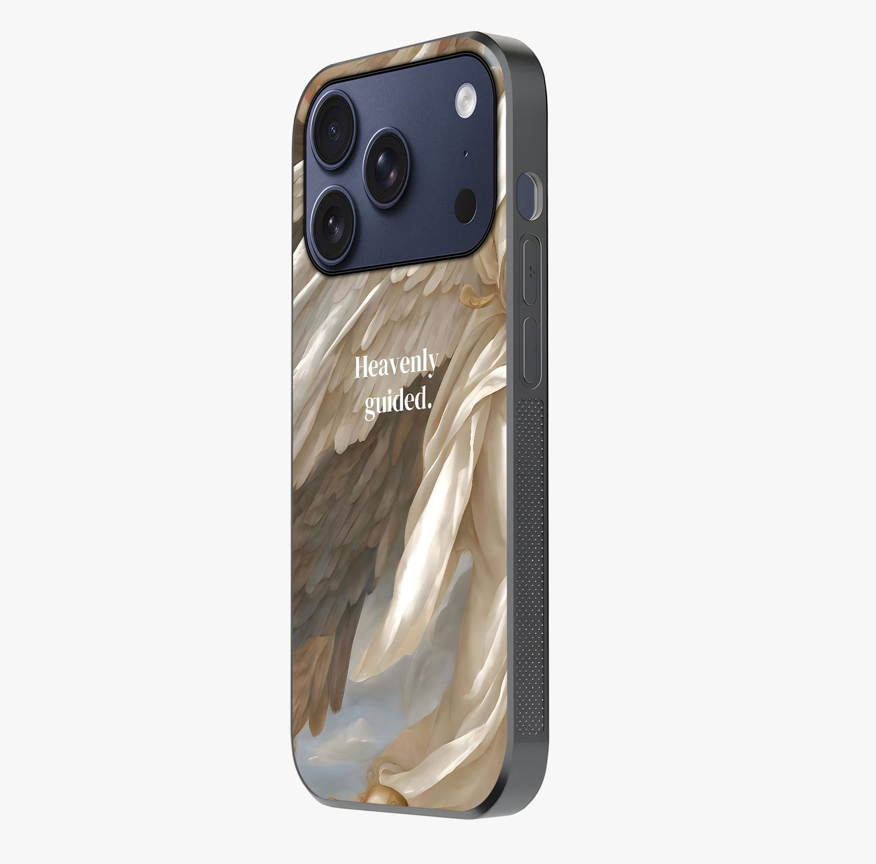 Divine Winged Grace Glass Case photographed in natural light showing reflective finish and design depth.