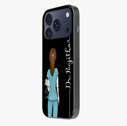 Doctor Pattern Custom Name Glass Case photographed in natural light showing reflective finish and design depth.