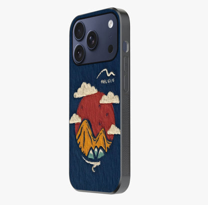 Dream Beyond Mountains Glass Case photographed in natural light showing reflective finish and design depth.