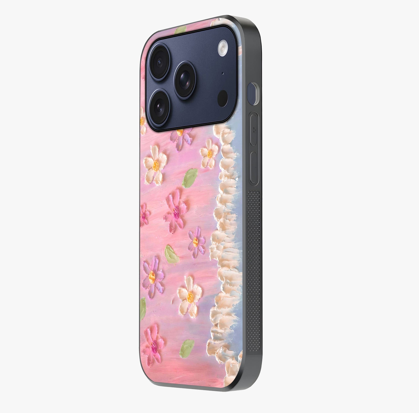 Dreamy Painted Garden Glass Case photographed in natural light showing reflective finish and design depth.