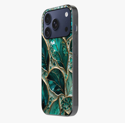 Emerald Leaf Glass Glass Case photographed in natural light showing reflective finish and design depth.