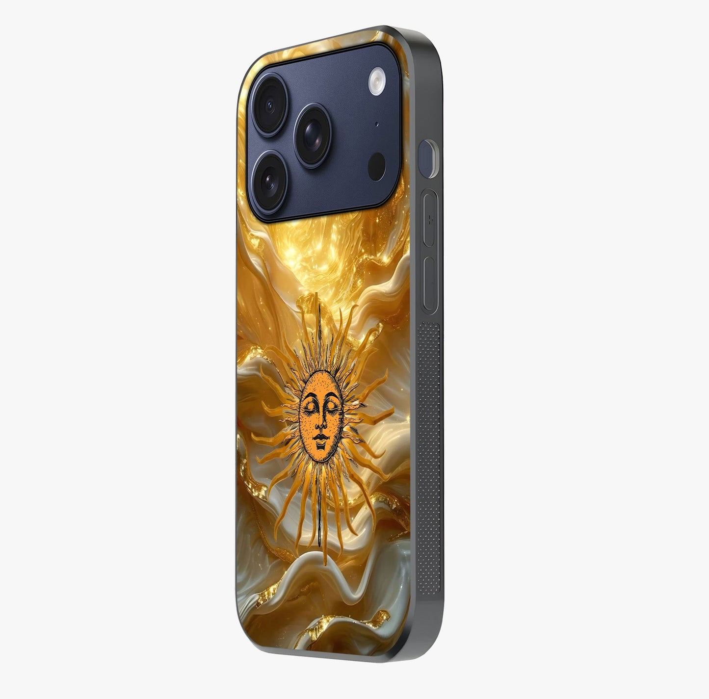 Eternal Golden Glow Glass Case photographed in natural light showing reflective finish and design depth.