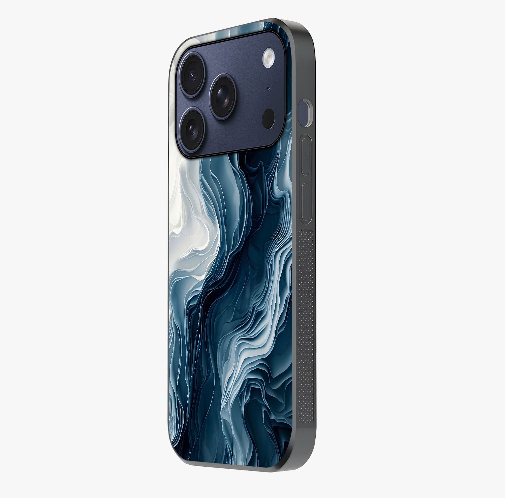 Ethereal Paper Marble Glass Case photographed in natural light showing reflective finish and design depth.