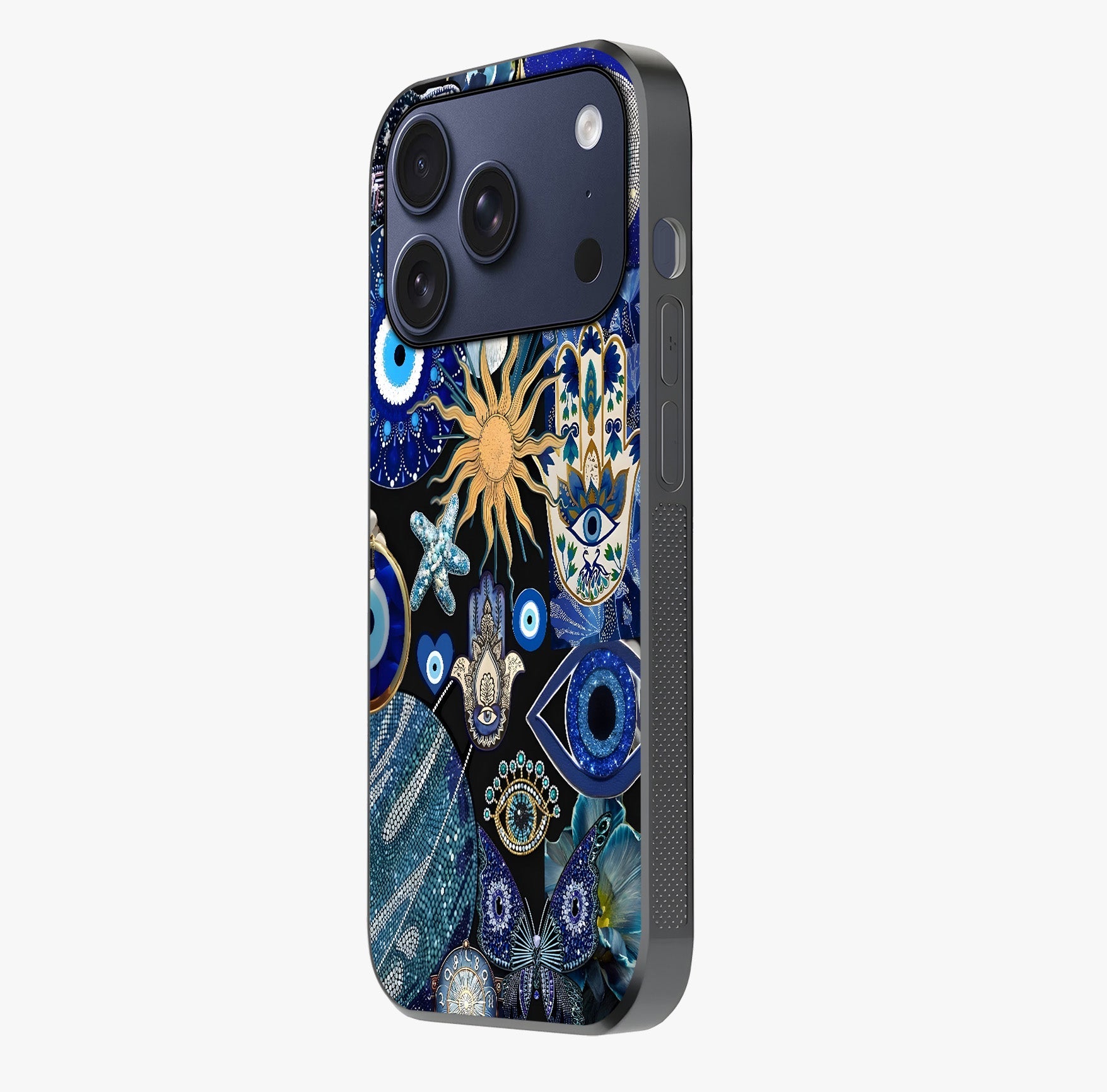 Evil Eye Charm Mix Glass Case photographed in natural light showing reflective finish and design depth.