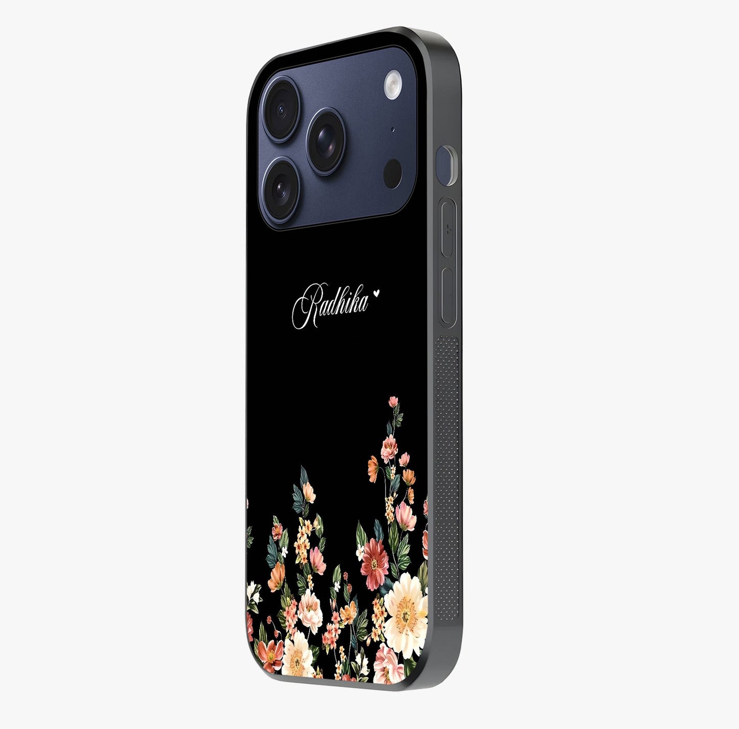 Floral Design With A Custom Personalized Name Glass Case photographed in natural light showing reflective finish and design depth.