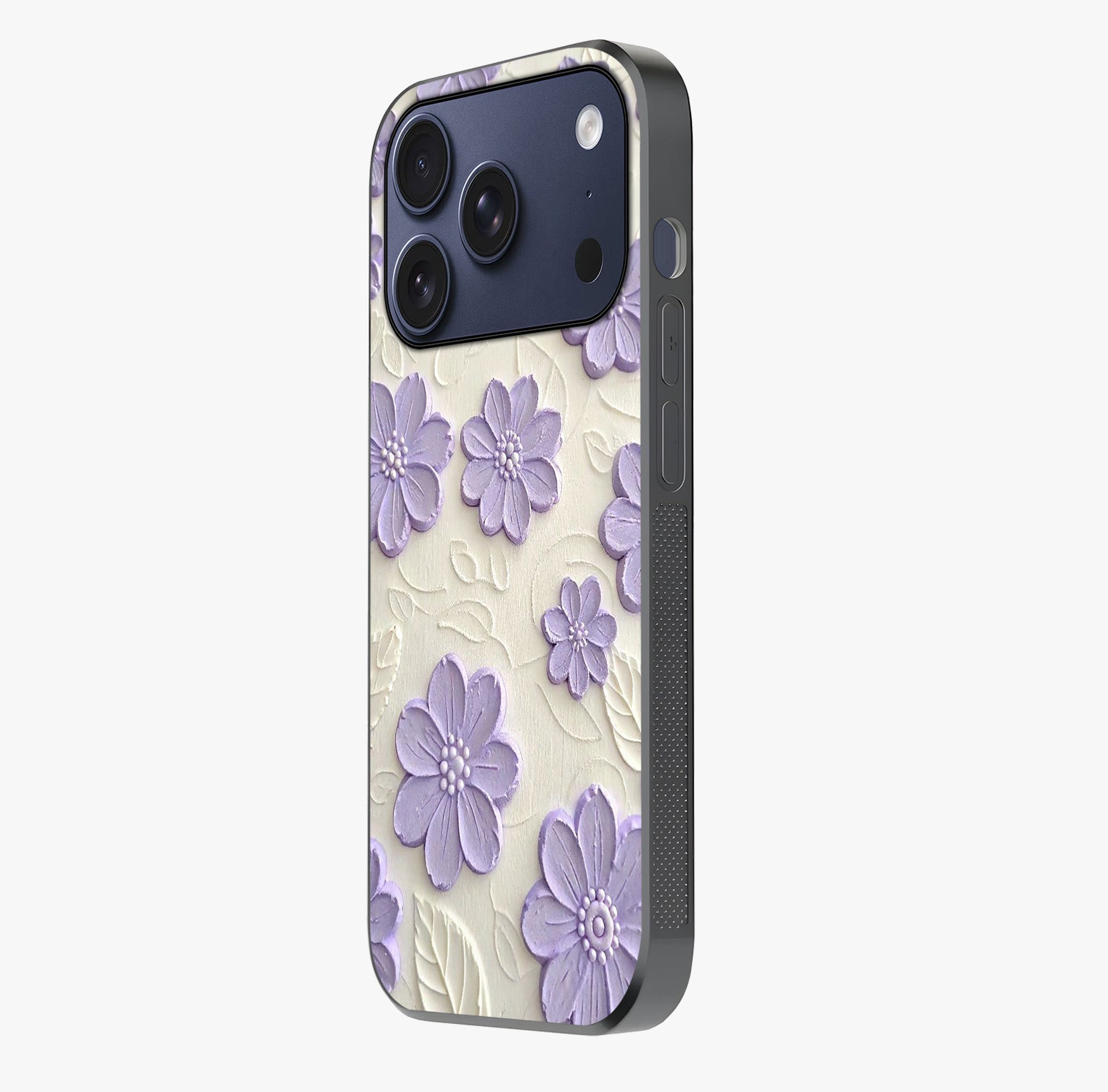 Floral Wall Art With Purple Flowers Glass Case photographed in natural light showing reflective finish and design depth.