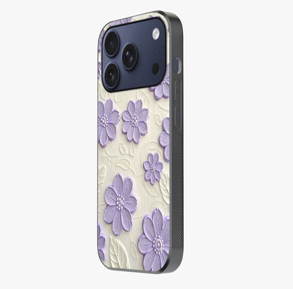 Floral Wall Art With Purple Flowers Glass Case photographed in natural light showing reflective finish and design depth.