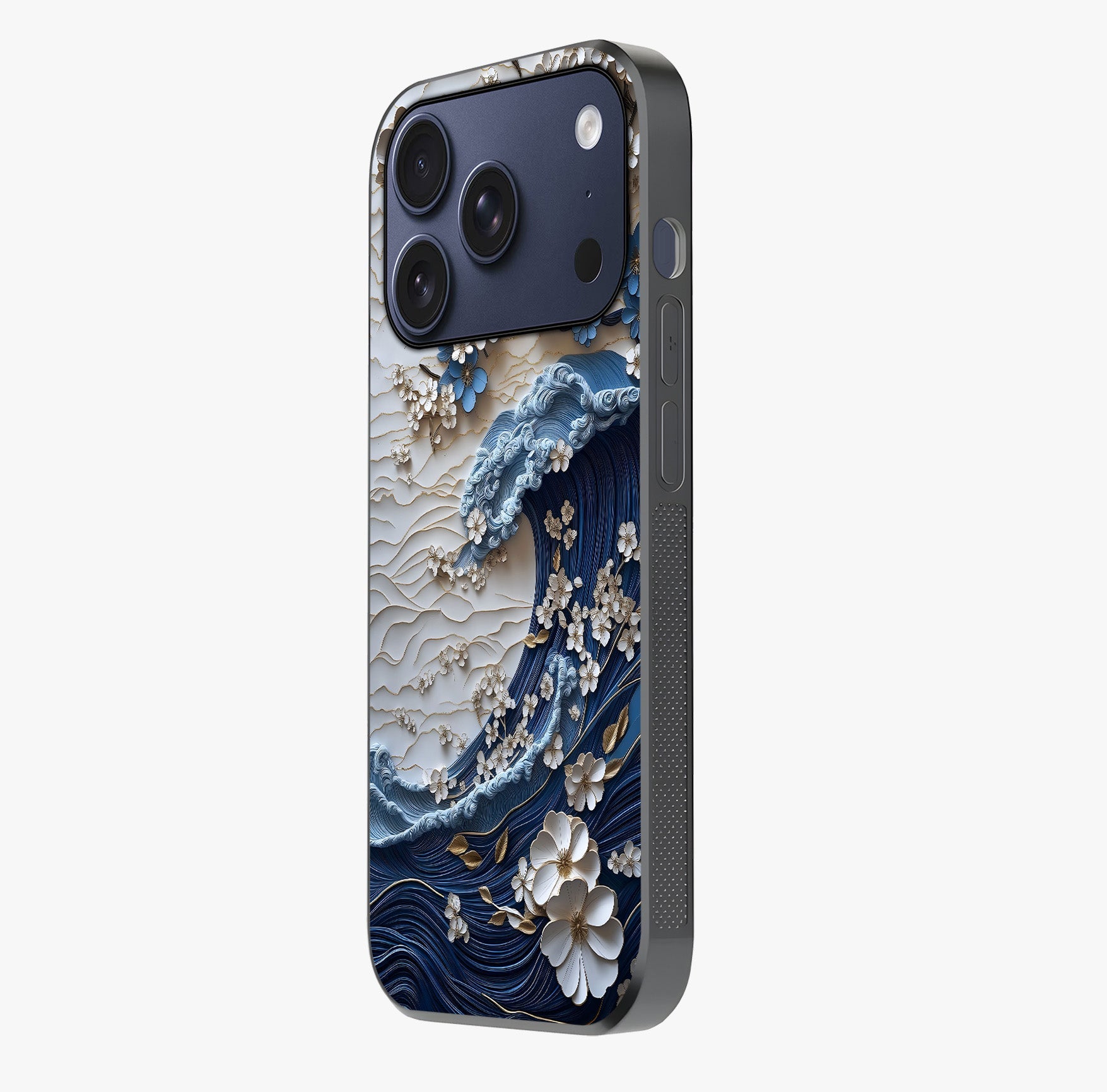 Floral Wave Origami Glass Case photographed in natural light showing reflective finish and design depth.