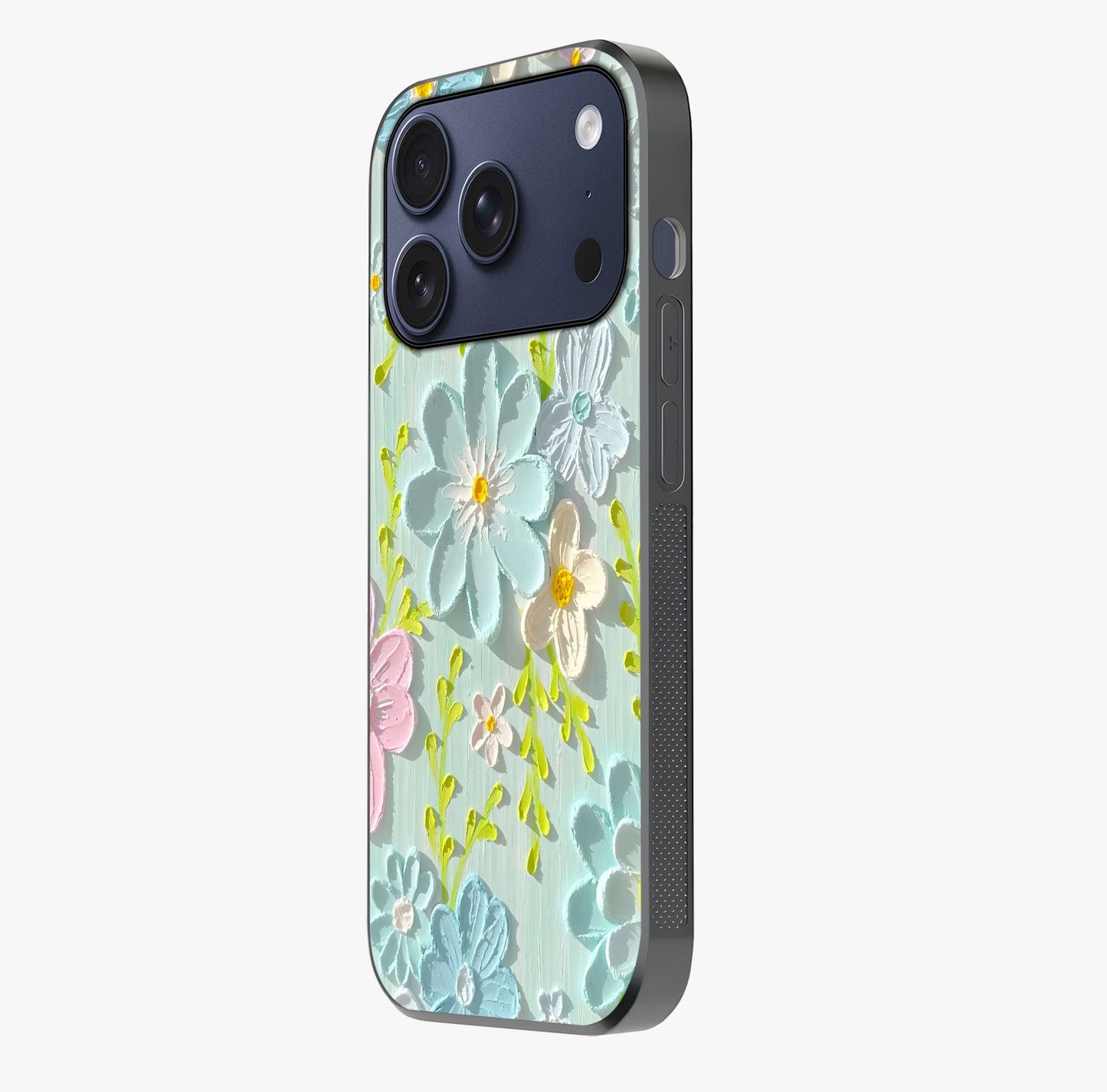 Frosted Petal Garden Glass Case photographed in natural light showing reflective finish and design depth.