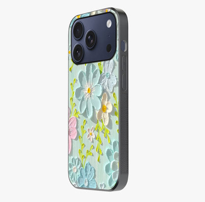 Frosted Petal Garden Glass Case photographed in natural light showing reflective finish and design depth.