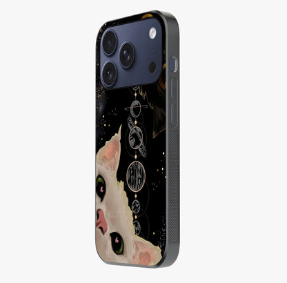 Galactic Cat Glass Case photographed in natural light showing reflective finish and design depth.