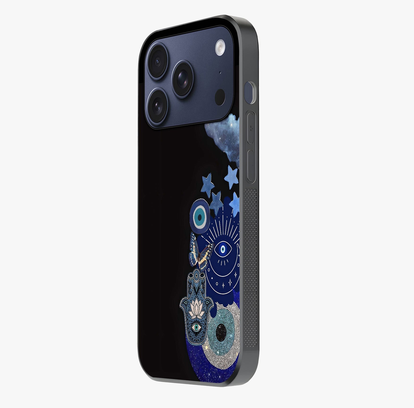 Galactic Charm Cluster Glass Case photographed in natural light showing reflective finish and design depth.