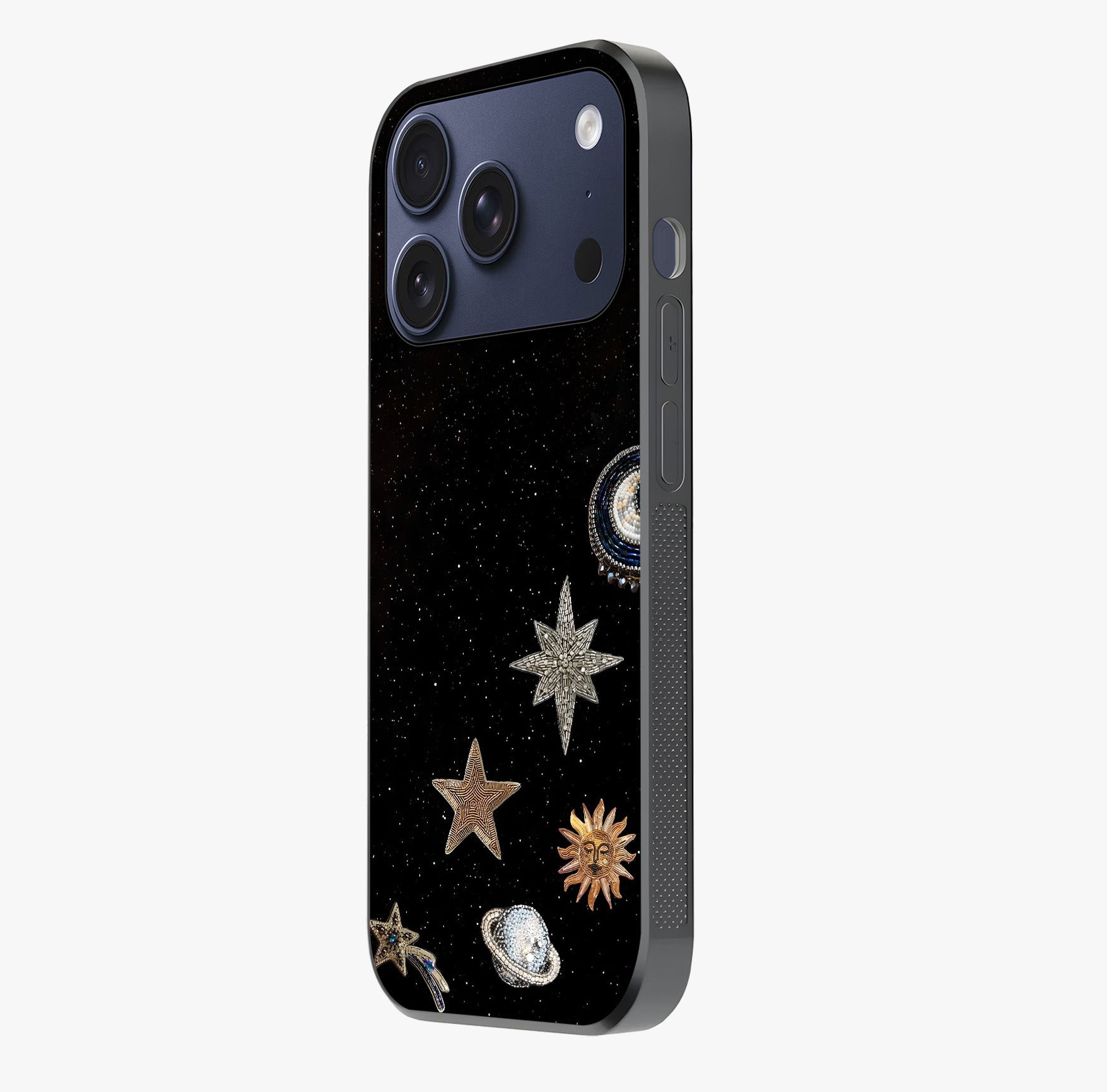 Galactic Charm Glow Glass Case photographed in natural light showing reflective finish and design depth.