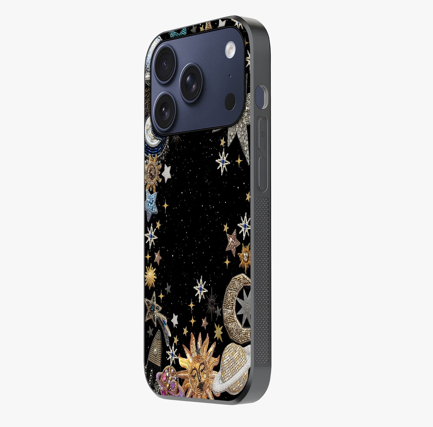 Galactic Jewel Stars Glass Case photographed in natural light showing reflective finish and design depth.