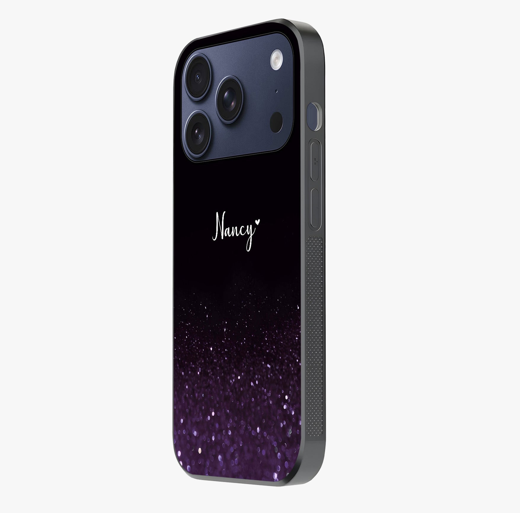 Glittery Purple Bokeh Custom Name Glass Case photographed in natural light showing reflective finish and design depth.