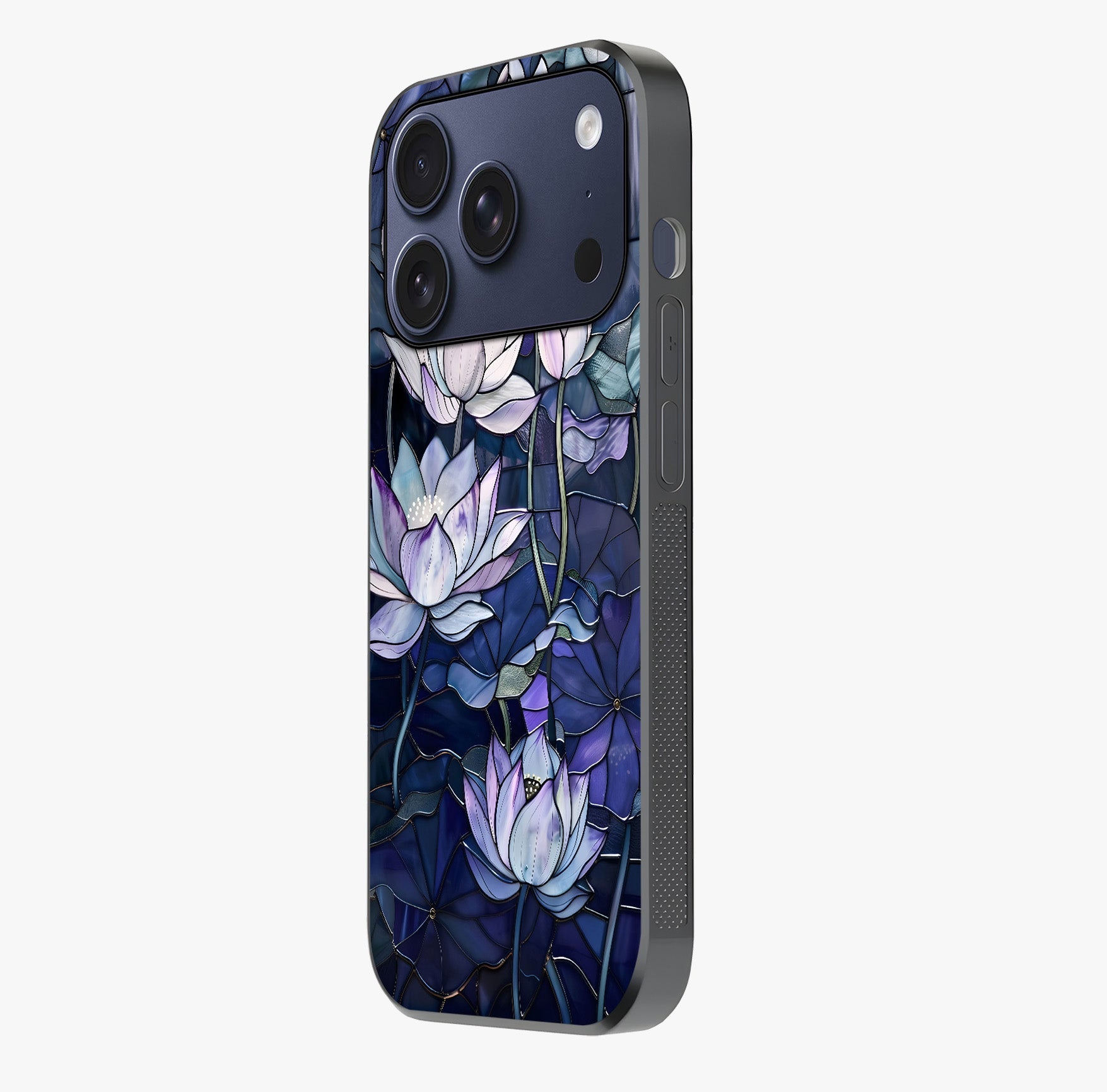Gloss Petal Rush Glass Case photographed in natural light showing reflective finish and design depth.