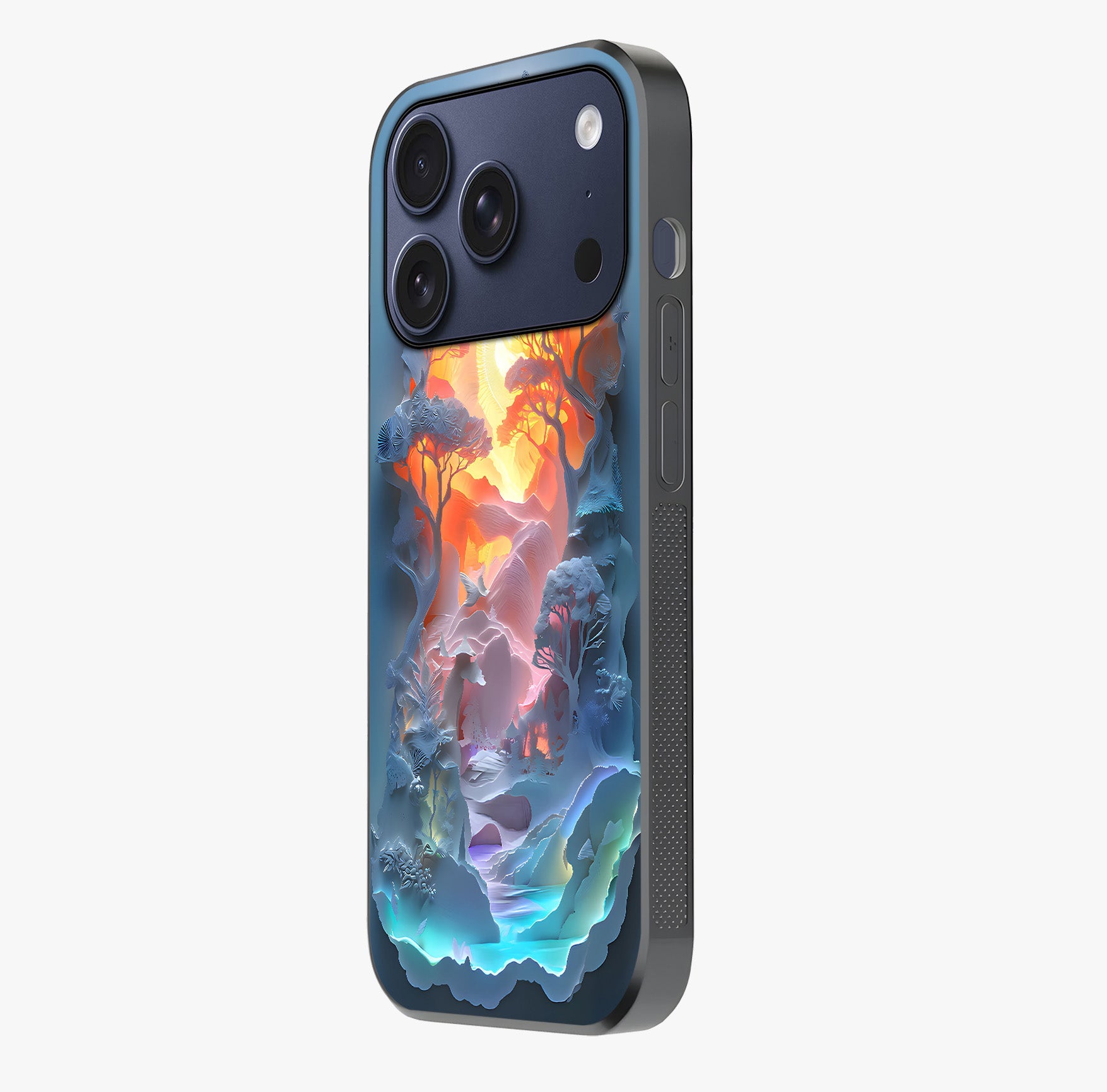 Glow Forest Portal Glass Case photographed in natural light showing reflective finish and design depth.