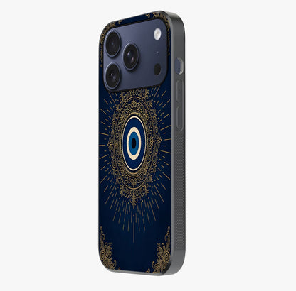 Golden Celestial Charm Glass Case photographed in natural light showing reflective finish and design depth.