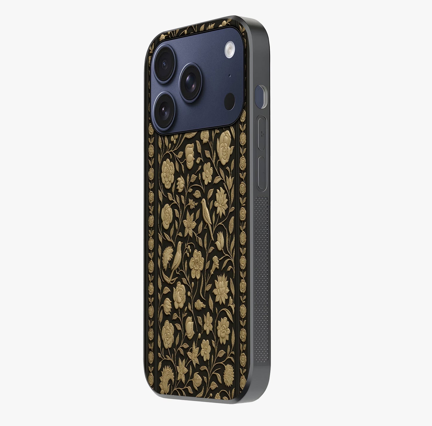 Golden Evil Eye Mandala Glass Case photographed in natural light showing reflective finish and design depth.