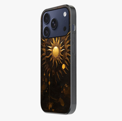 Golden Stallion Moonride Glass Case photographed in natural light showing reflective finish and design depth.