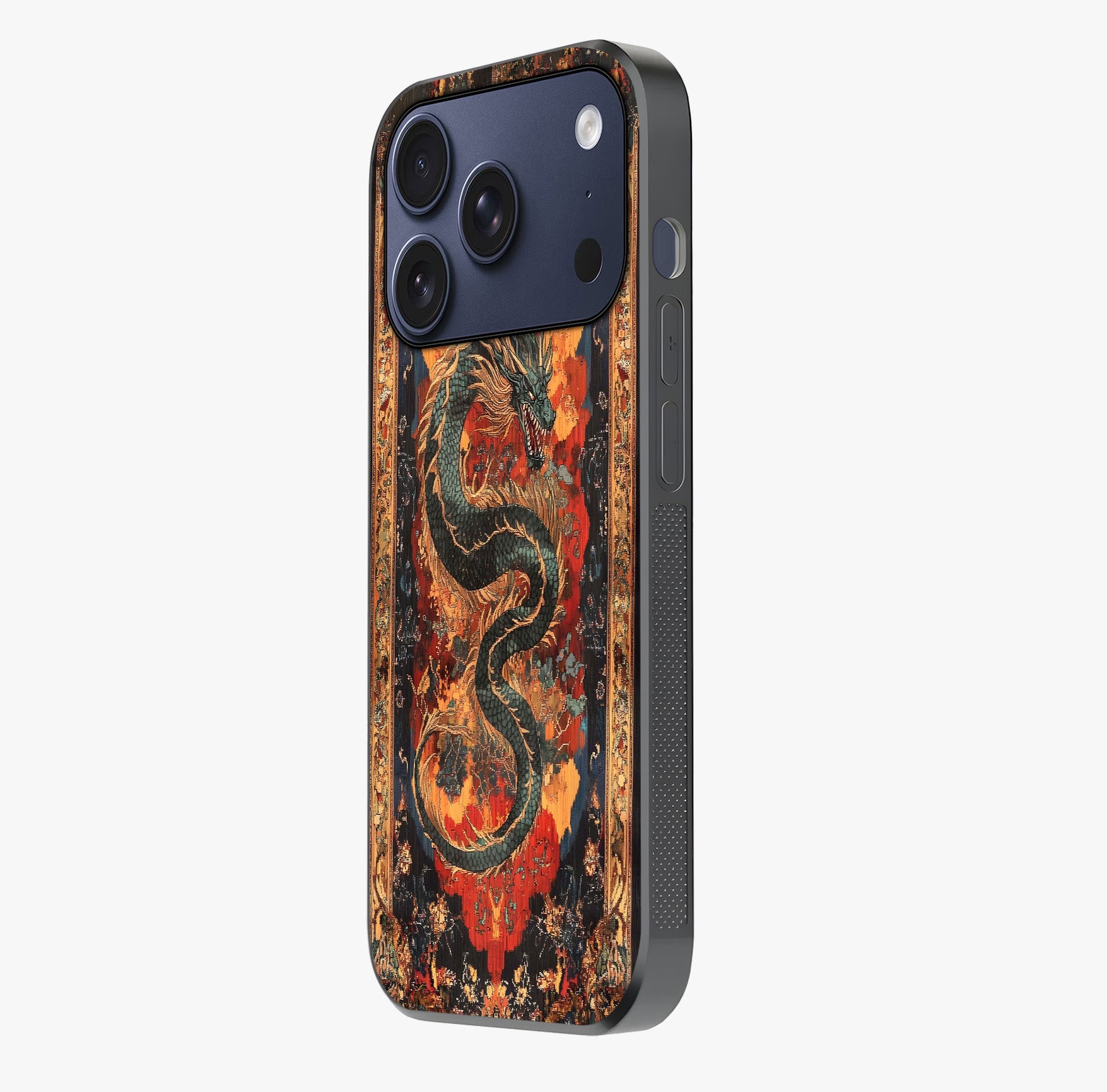 Inferno Dragon Soul Glass Case photographed in natural light showing reflective finish and design depth.