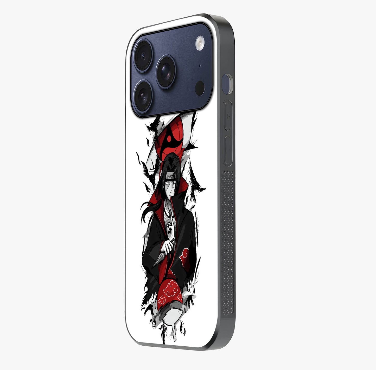 Itachi Limited Edition Naruto Anime Glass Case photographed in natural light showing reflective finish and design depth.