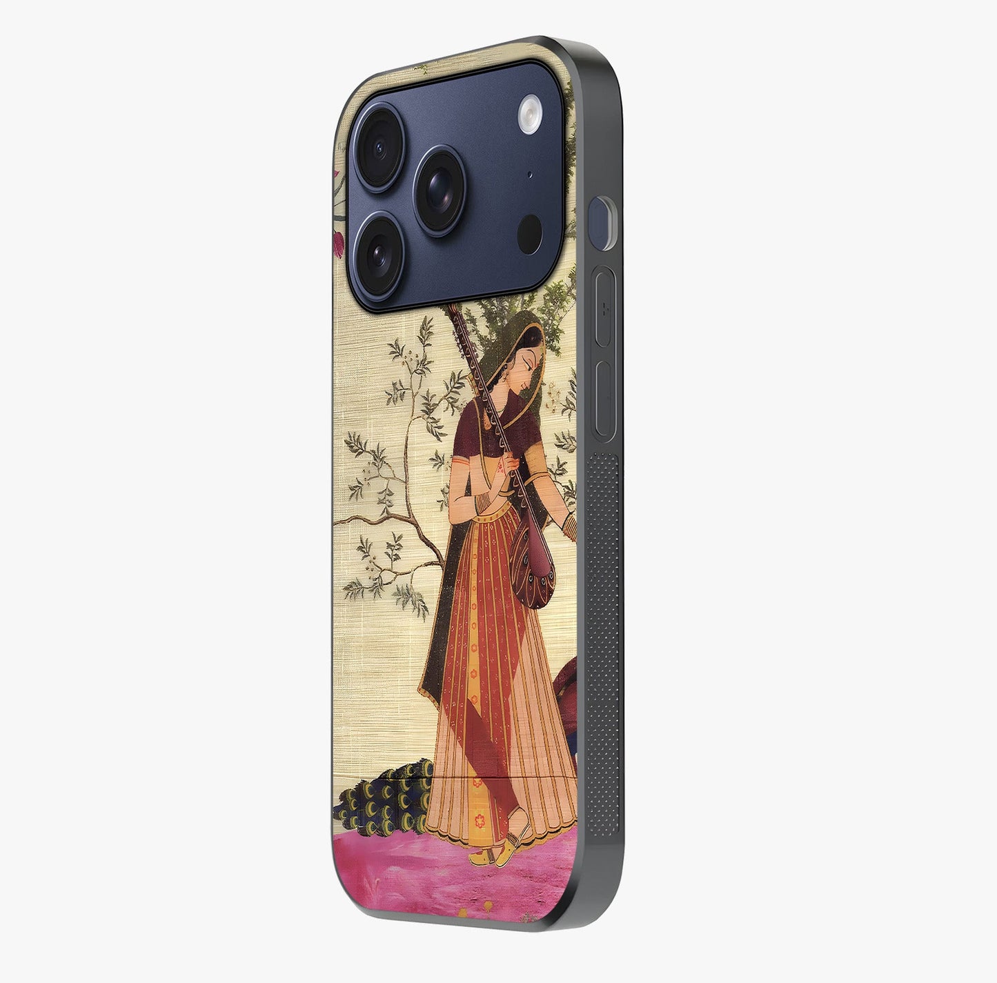 Lady With Veena Art Glass Case photographed in natural light showing reflective finish and design depth.