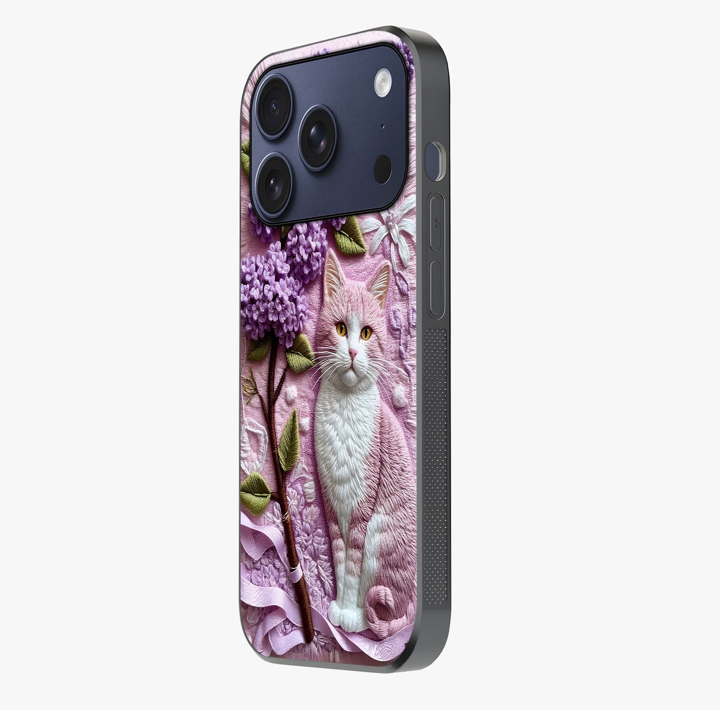 Lavender Cat Whimsy Glass Case photographed in natural light showing reflective finish and design depth.
