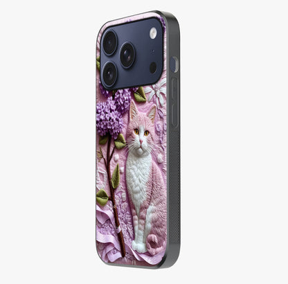 Lavender Cat Whimsy Glass Case photographed in natural light showing reflective finish and design depth.