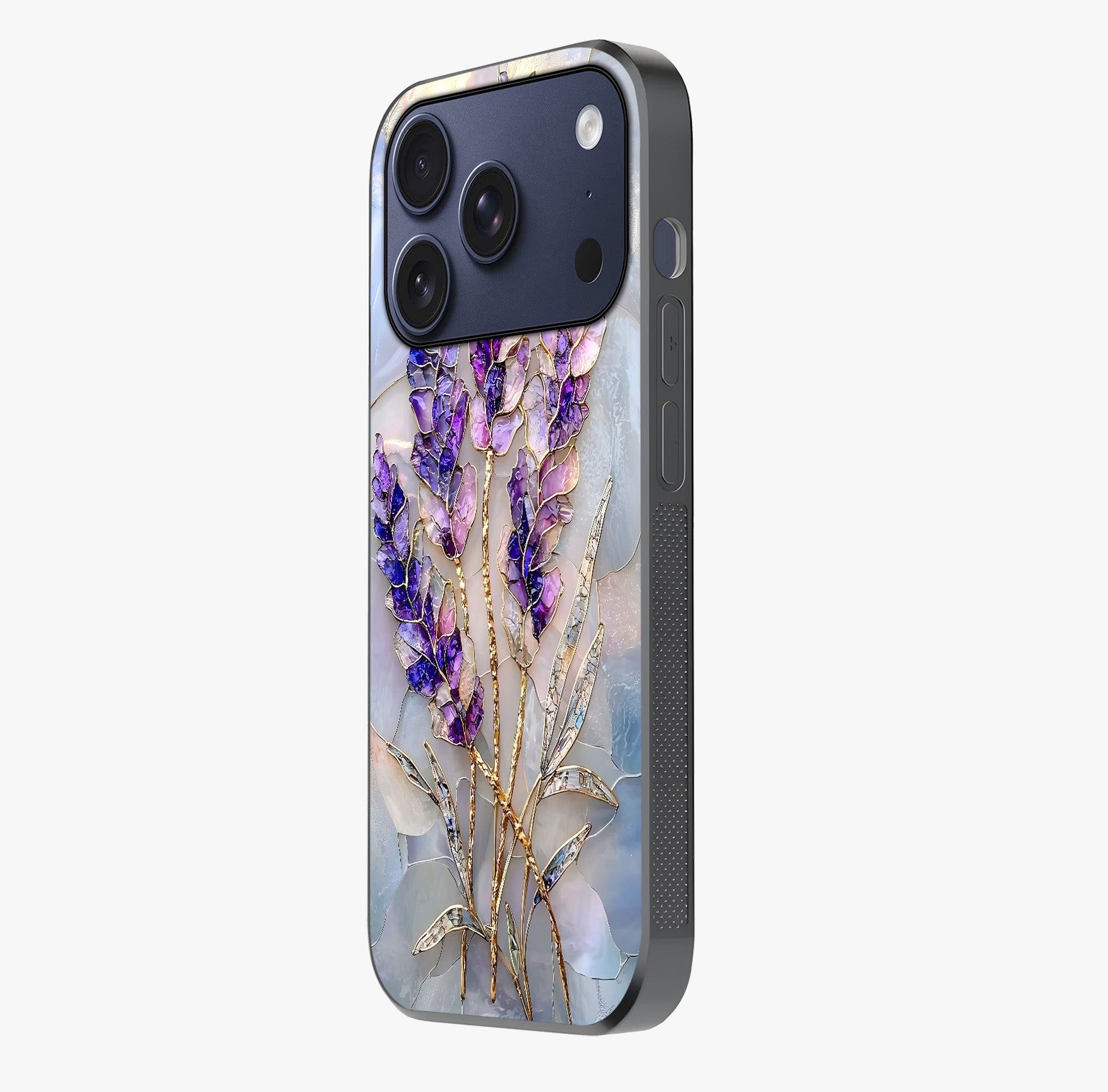 Lavender Dream Glow Glass Case photographed in natural light showing reflective finish and design depth.