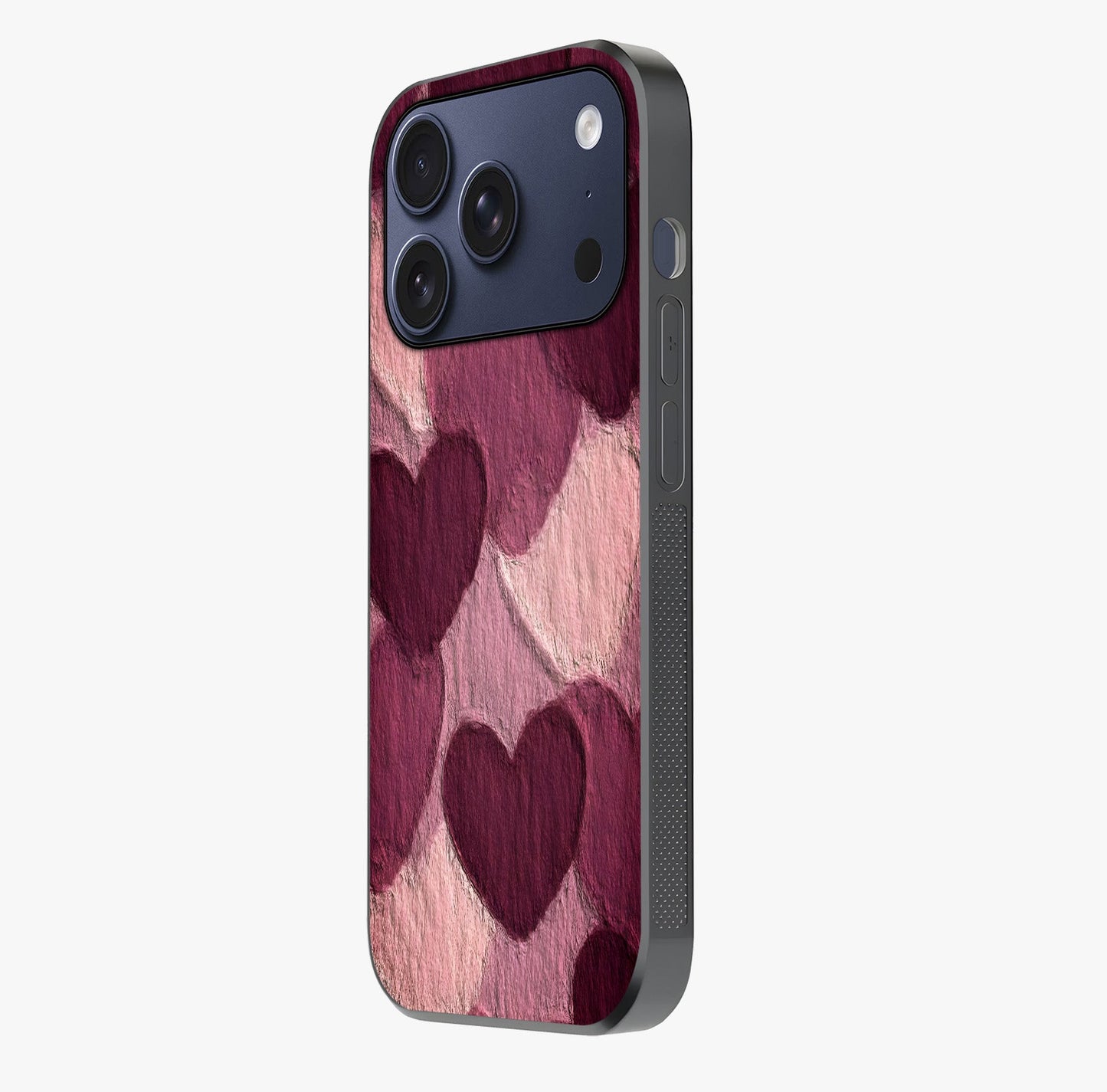 Layered Paper Hearts Glass Case photographed in natural light showing reflective finish and design depth.