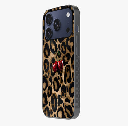 Leopard Wild Cherry Glass Case photographed in natural light showing reflective finish and design depth.