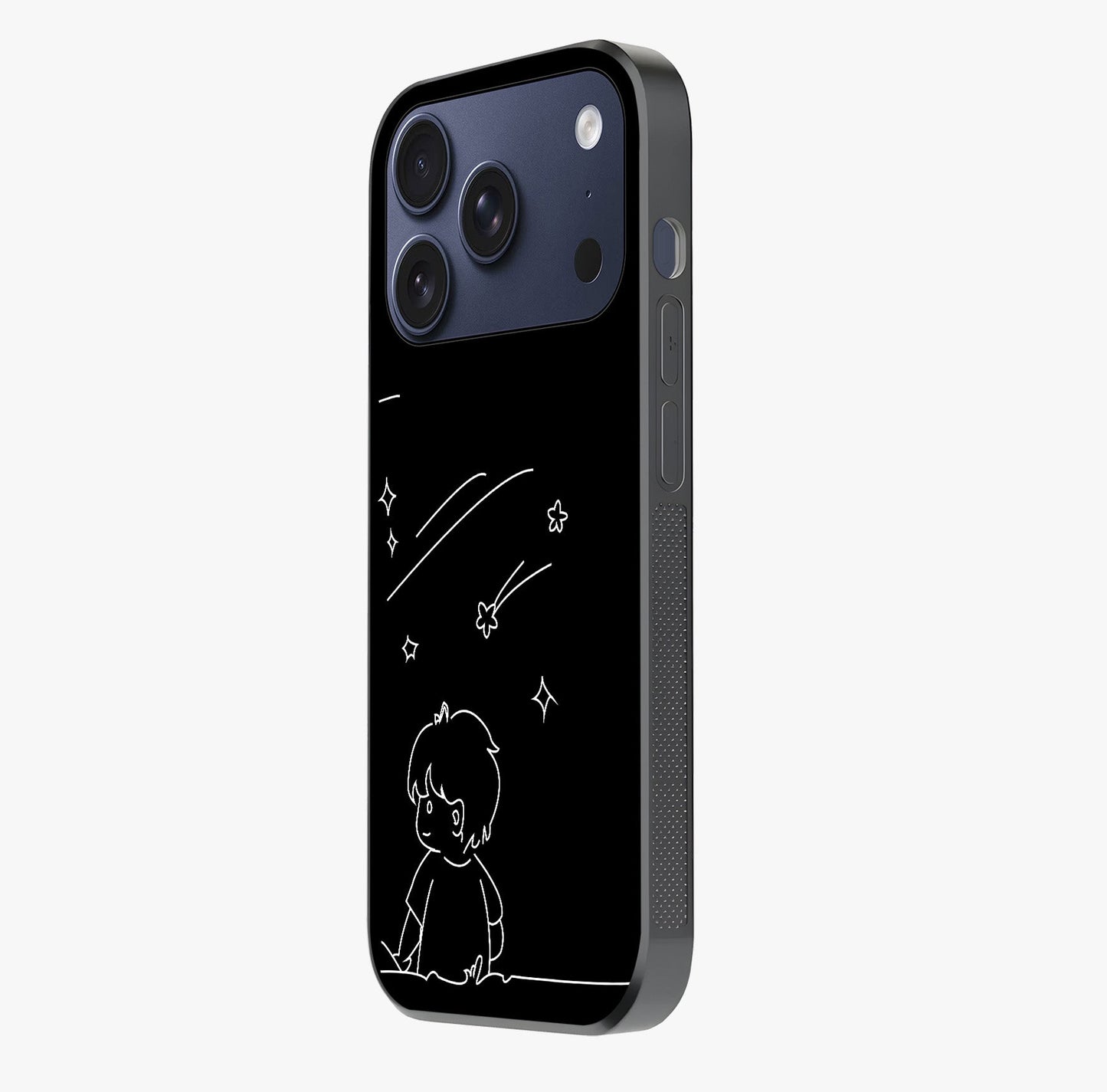 Line Art Boy With Shooting Stars Glass Case photographed in natural light showing reflective finish and design depth.
