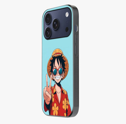 Luffy Summer Anime Vibe Glass Case photographed in natural light showing reflective finish and design depth.