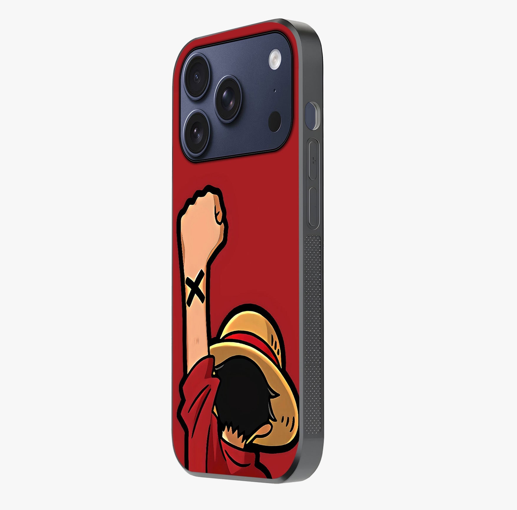 Luffy X Spirit Glass Case photographed in natural light showing reflective finish and design depth.