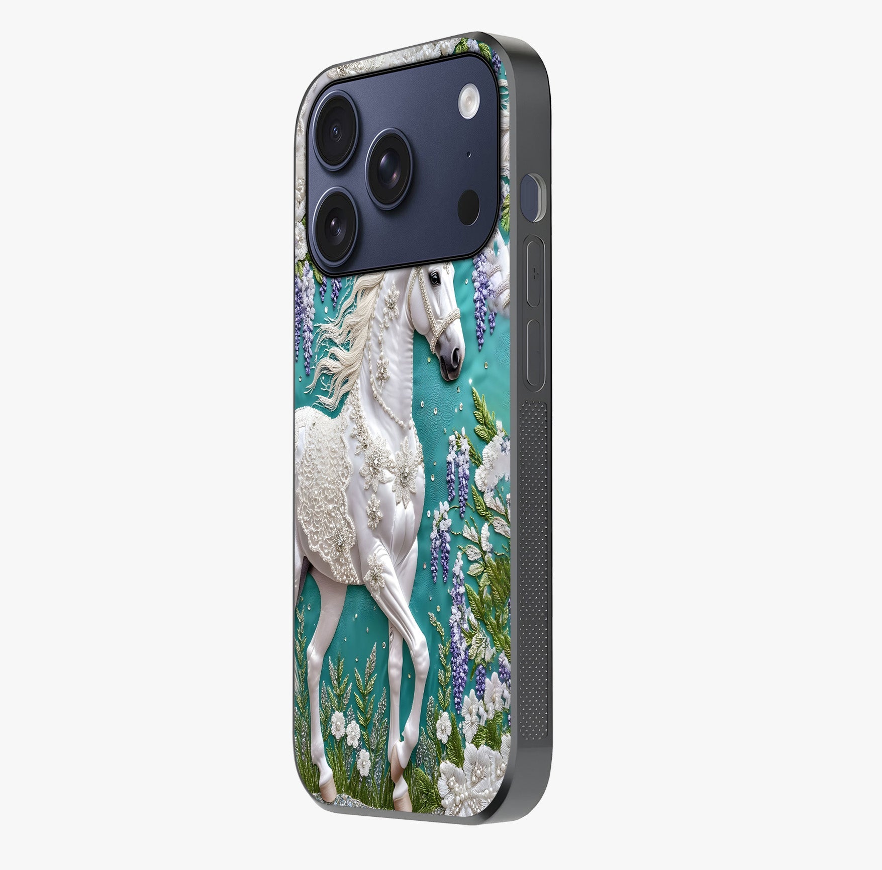 Majestic Floral Stallion Glass Case photographed in natural light showing reflective finish and design depth.